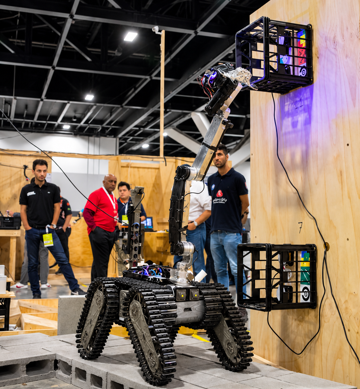 A tracked rescue robot with a manipulator arm on a test terrain